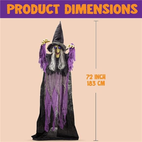 72” Hanging Witch Decoration with Light-up Eyes and Sound Activation - Picture 6 of 7